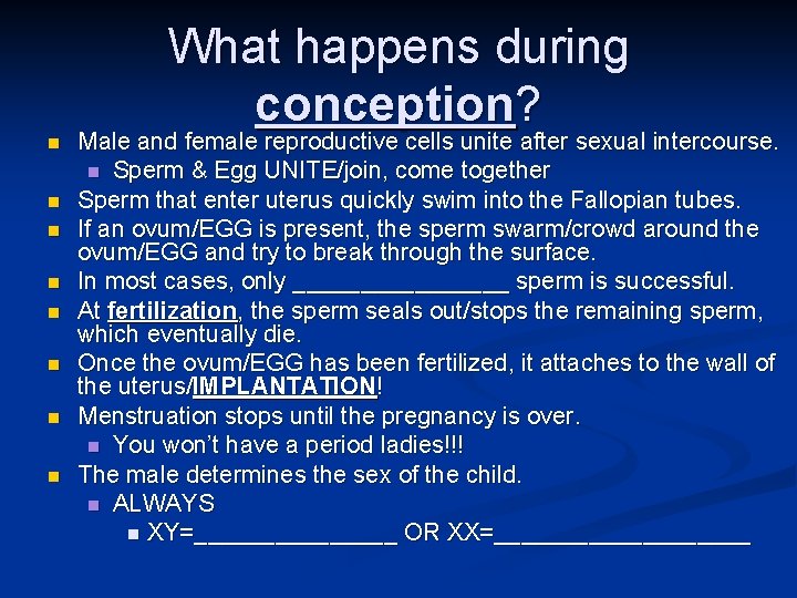 n n n n What happens during conception? Male and female reproductive cells unite