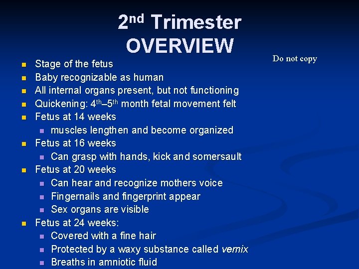 2 nd Trimester OVERVIEW n n n n Stage of the fetus Baby recognizable