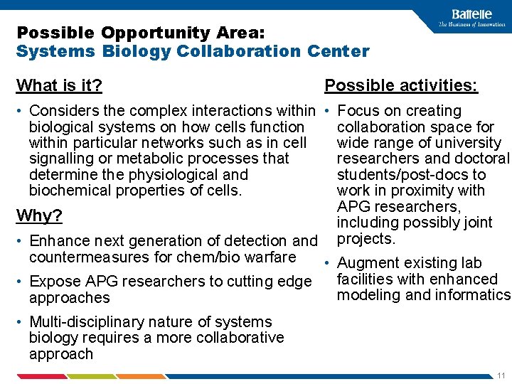 Possible Opportunity Area: Systems Biology Collaboration Center What is it? Possible activities: • Considers