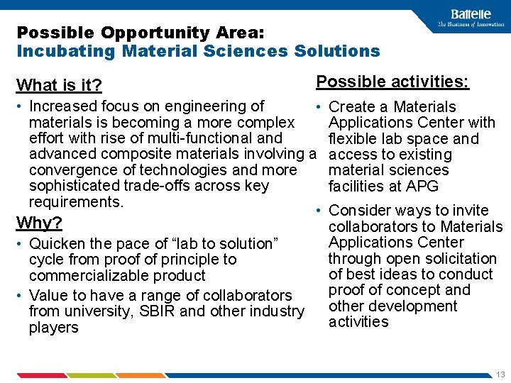 Possible Opportunity Area: Incubating Material Sciences Solutions What is it? Possible activities: • Increased