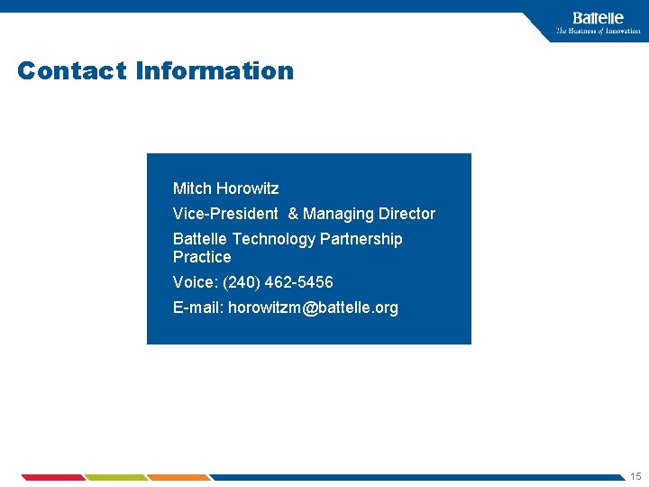 Contact Information Mitch Horowitz Vice-President & Managing Director Battelle Technology Partnership Practice Voice: (240)