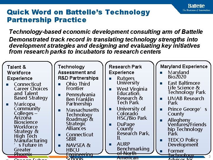 Quick Word on Battelle’s Technology Partnership Practice Technology-based economic development consulting arm of Battelle