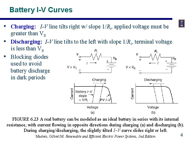 Battery I-V Curves • • • Charging: I-V line tilts right w/ slope 1/Ri,