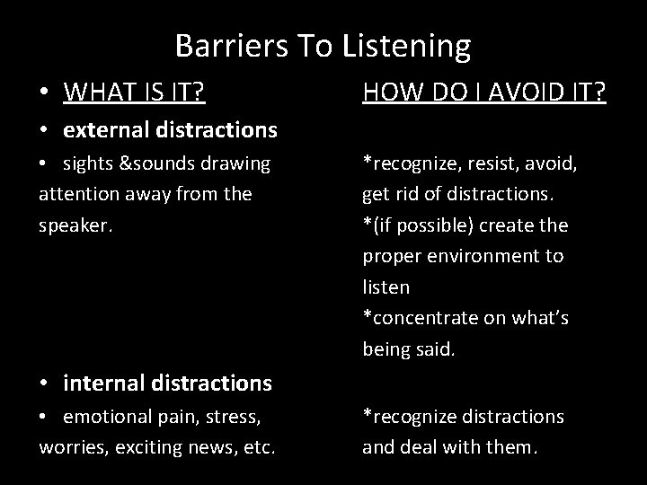 Barriers To Listening • WHAT IS IT? HOW DO I AVOID IT? • external