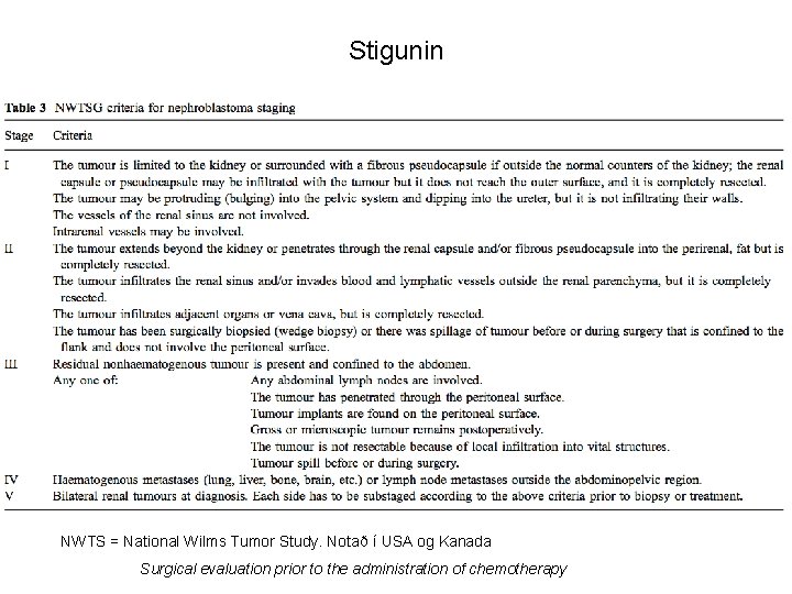 Stigunin NWTS = National Wilms Tumor Study. Notað í USA og Kanada Surgical evaluation
