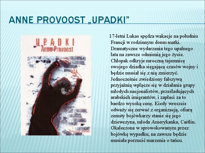 ANNE PROVOOST „UPADKI” 17 -letni Lukas spędza wakacje na południu Francji w rodzinnym domu