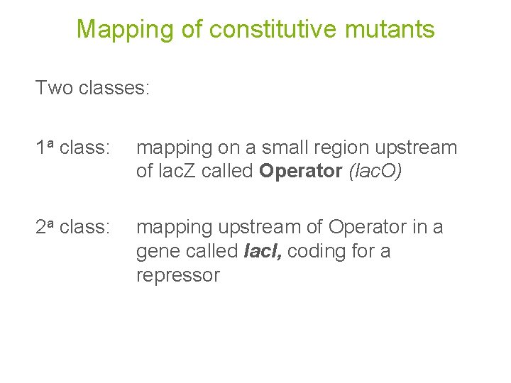 Mapping of constitutive mutants Two classes: 1 a class: mapping on a small region