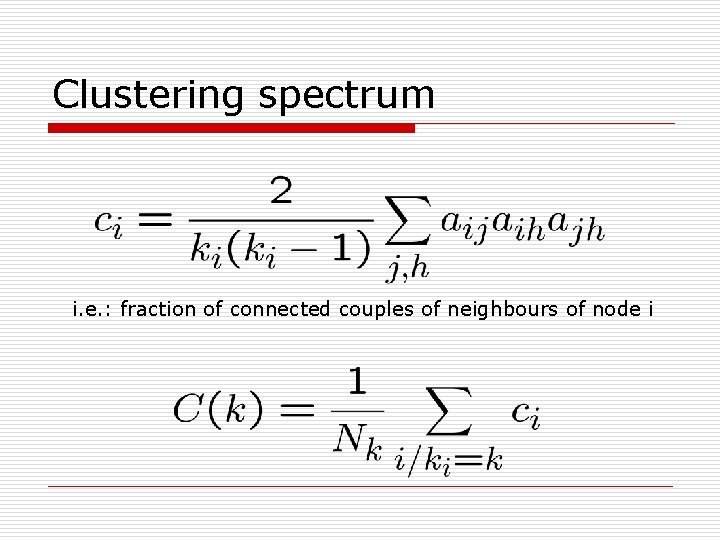 Clustering spectrum i. e. : fraction of connected couples of neighbours of node i