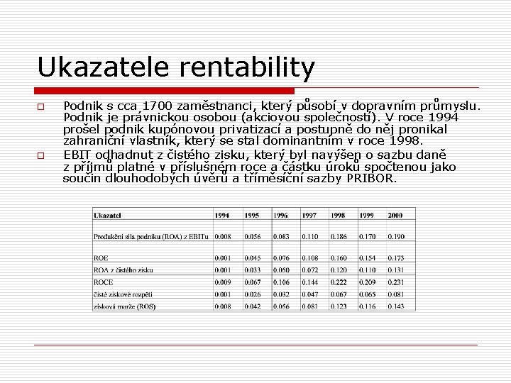 Ukazatele rentability o o Podnik s cca 1700 zaměstnanci, který působí v dopravním průmyslu.