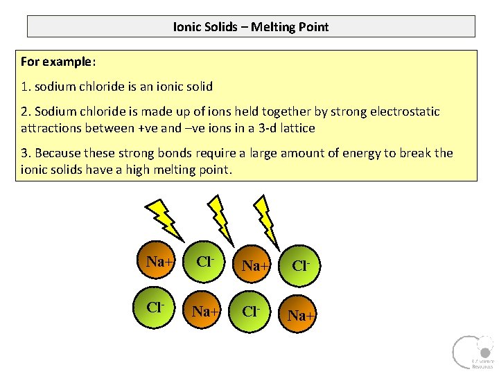 Ionic Solids – Melting Point For example: 1. sodium chloride is an ionic solid