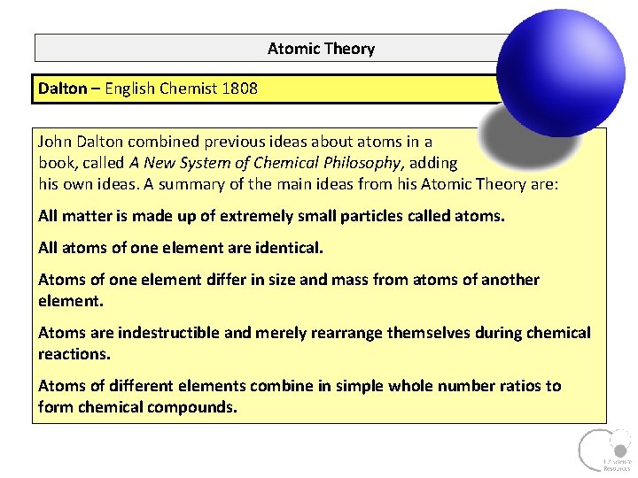Atomic Theory Dalton – English Chemist 1808 John Dalton combined previous ideas about atoms