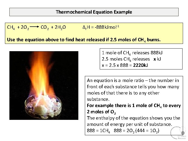Thermochemical Equation Example CH 4 + 2 O 2 CO 2 + 2 H