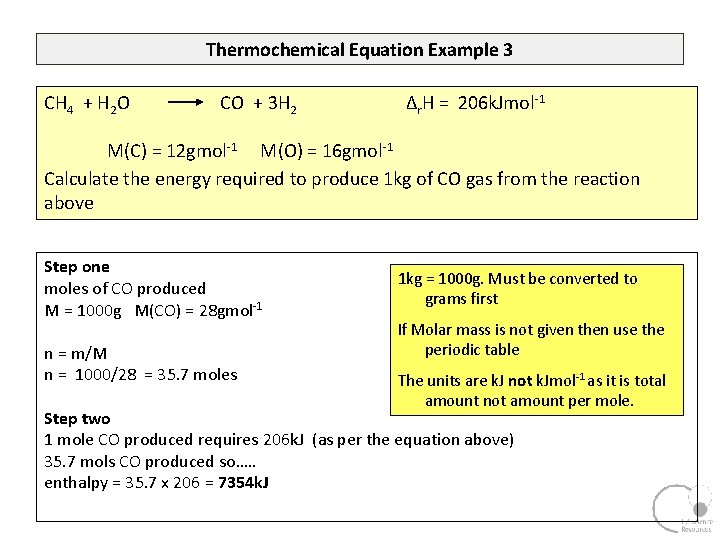 Thermochemical Equation Example 3 CH 4 + H 2 O CO + 3 H