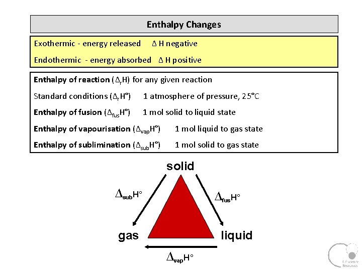 Enthalpy Changes Exothermic - energy released ∆ H negative Endothermic - energy absorbed ∆