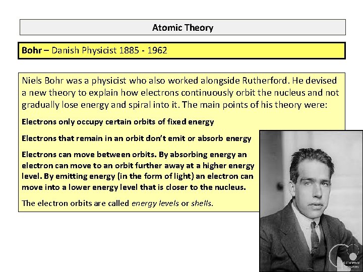 Atomic Theory Bohr – Danish Physicist 1885 - 1962 Niels Bohr was a physicist