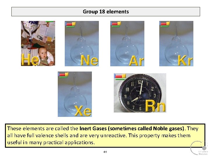Group 18 elements These elements are called the Inert Gases (sometimes called Noble gases).