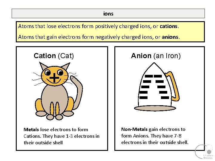 ions Atoms that lose electrons form positively charged ions, or cations. Atoms that gain