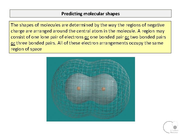 Predicting molecular shapes The shapes of molecules are determined by the way the regions
