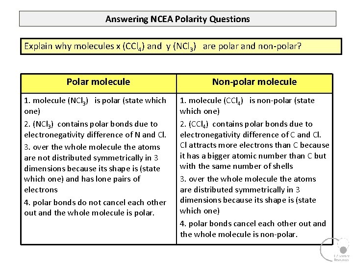 Answering NCEA Polarity Questions Explain why molecules x (CCl 4) and y (NCl 3)