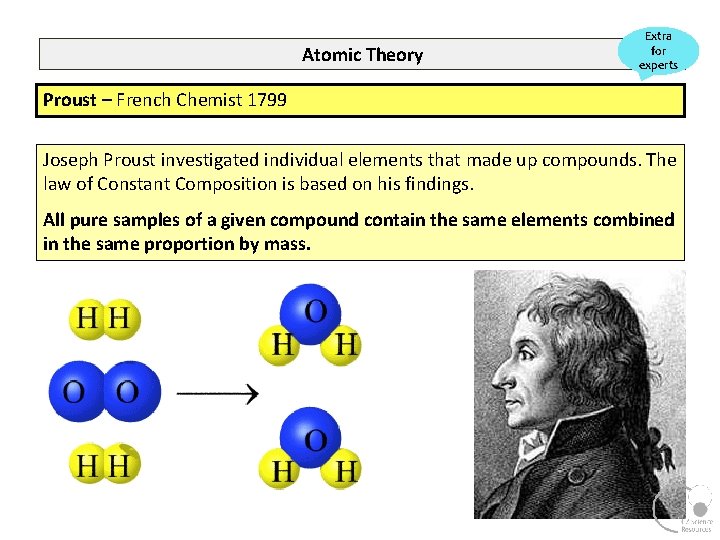 Atomic Theory Extra for experts Proust – French Chemist 1799 Joseph Proust investigated individual