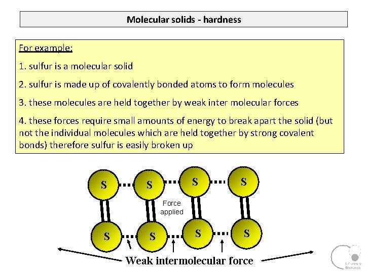 Molecular solids - hardness For example: 1. sulfur is a molecular solid 2. sulfur