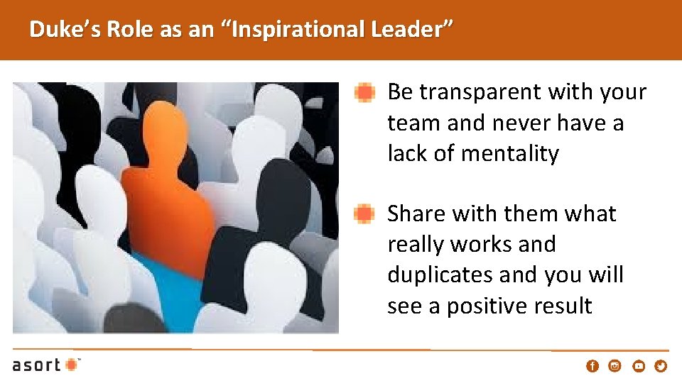 Duke’s Role as an “Inspirational Leader” Be transparent with your team and never have