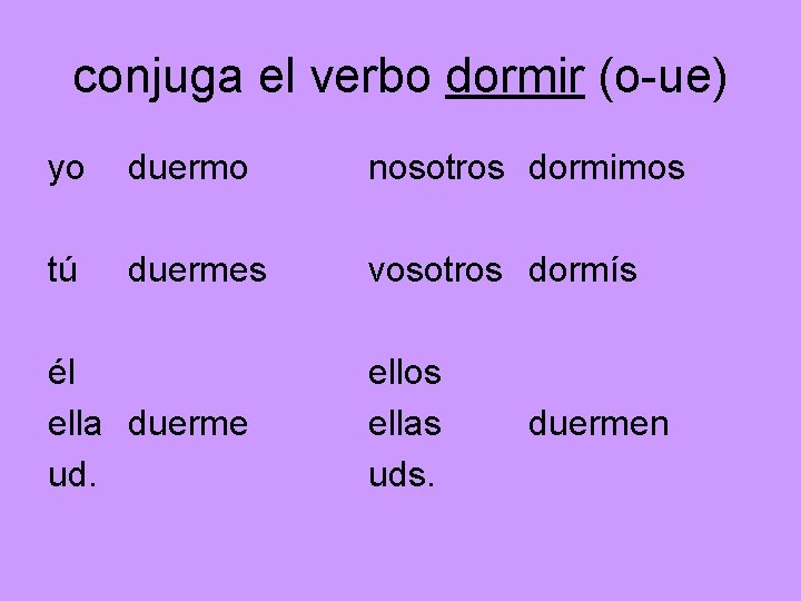 conjuga el verbo dormir (o-ue) yo duermo nosotros dormimos tú duermes vosotros dormís él
