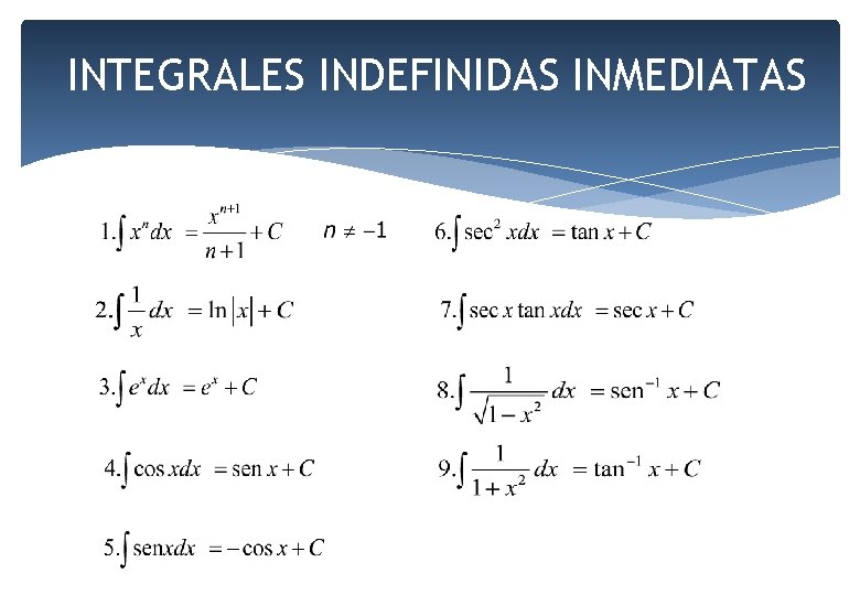 INTEGRALES INDEFINIDAS INMEDIATAS 