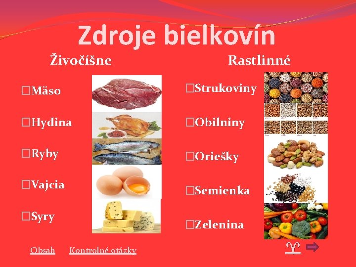 Zdroje bielkovín Živočíšne Rastlinné �Mäso �Strukoviny �Hydina �Obilniny �Ryby �Oriešky �Vajcia �Semienka �Syry Obsah Zdroje bielkovín Živočíšne Rastlinné �Mäso �Strukoviny �Hydina �Obilniny �Ryby �Oriešky �Vajcia �Semienka �Syry Obsah