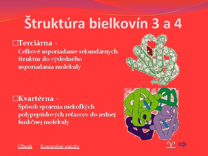 Štruktúra bielkovín 3 a 4 �Terciárna – Celkové usporiadanie sekundárnych štruktúr do výsledného usporiadania Štruktúra bielkovín 3 a 4 �Terciárna – Celkové usporiadanie sekundárnych štruktúr do výsledného usporiadania