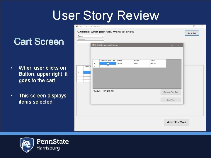 User Story Review • When user clicks on Button, upper right, it goes to