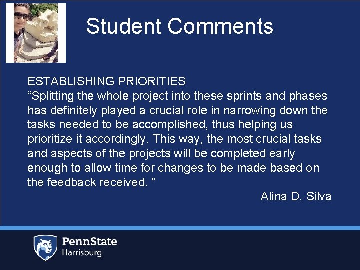 Student Comments ESTABLISHING PRIORITIES “Splitting the whole project into these sprints and phases has