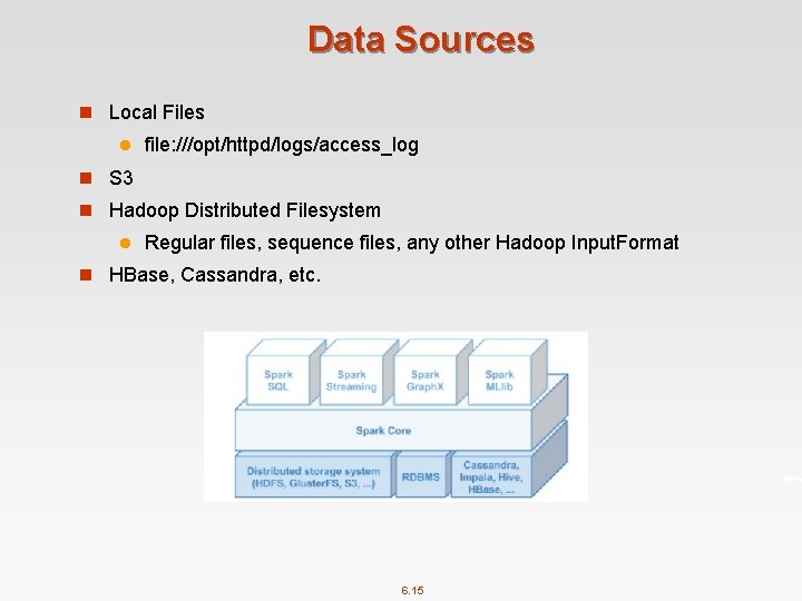Data Sources n Local Files l file: ///opt/httpd/logs/access_log n S 3 n Hadoop Distributed