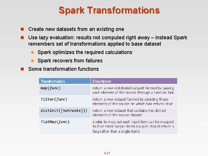 Spark Transformations n Create new datasets from an existing one n Use lazy evaluation:
