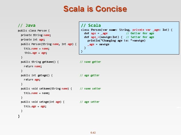 Scala is Concise // Java // Scala public class Person { class Person(var name: