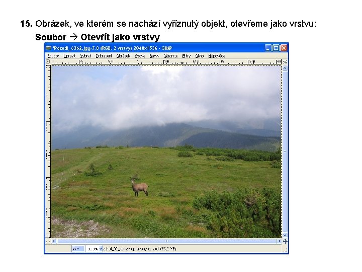 15. Obrázek, ve kterém se nachází vyříznutý objekt, otevřeme jako vrstvu: Soubor Otevřít jako
