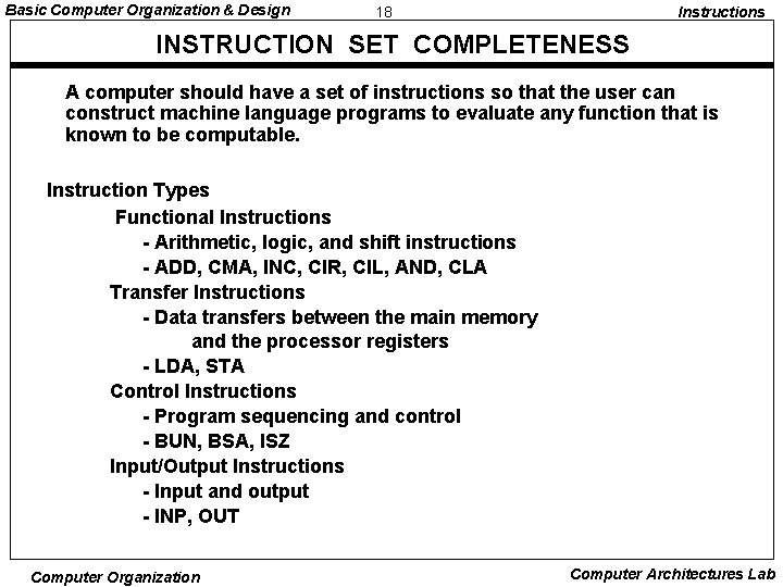 Basic Computer Organization & Design 18 Instructions INSTRUCTION SET COMPLETENESS A computer should have Basic Computer Organization & Design 18 Instructions INSTRUCTION SET COMPLETENESS A computer should have