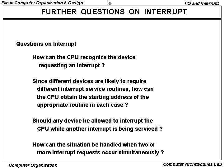 Basic Computer Organization & Design 38 I/O and Interrupt FURTHER QUESTIONS ON INTERRUPT Questions Basic Computer Organization & Design 38 I/O and Interrupt FURTHER QUESTIONS ON INTERRUPT Questions