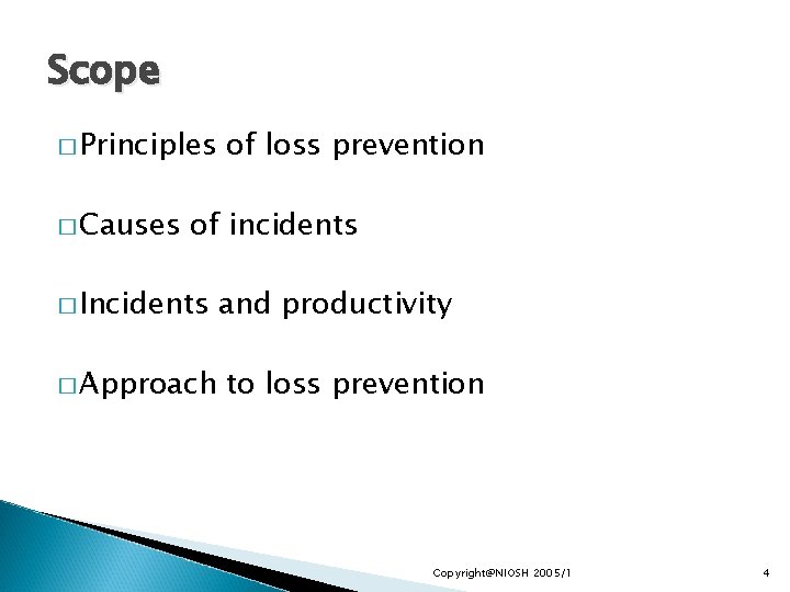 Scope � Principles � Causes of loss prevention of incidents � Incidents � Approach