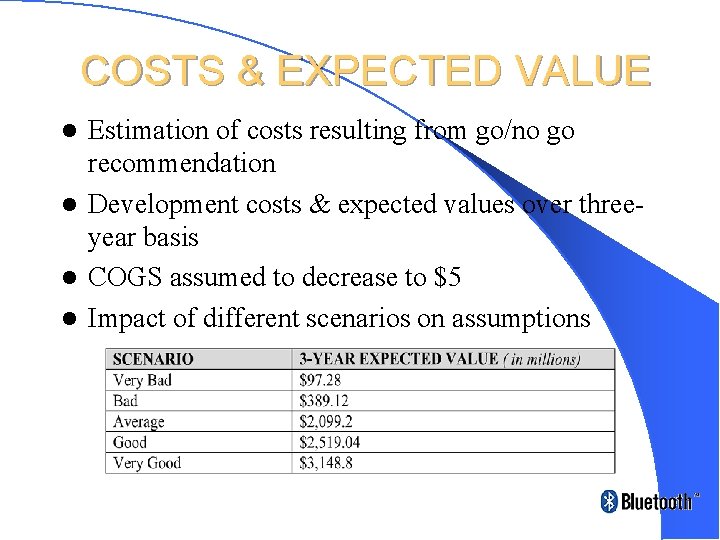 COSTS & EXPECTED VALUE Estimation of costs resulting from go/no go recommendation l Development