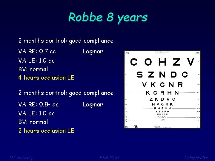 Robbe 8 years 2 months control: good compliance VA RE: 0. 7 cc Logmar