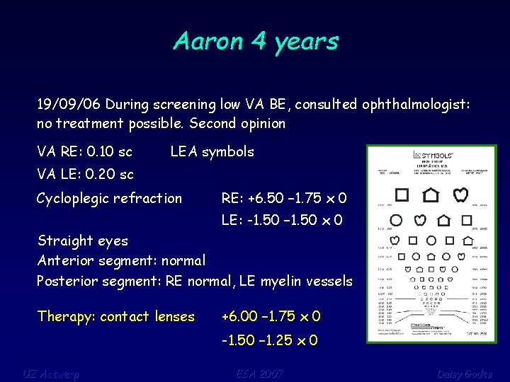 Aaron 4 years 19/09/06 During screening low VA BE, consulted ophthalmologist: no treatment possible.