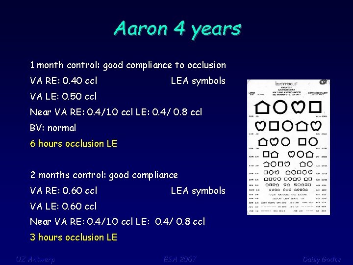Aaron 4 years 1 month control: good compliance to occlusion VA RE: 0. 40