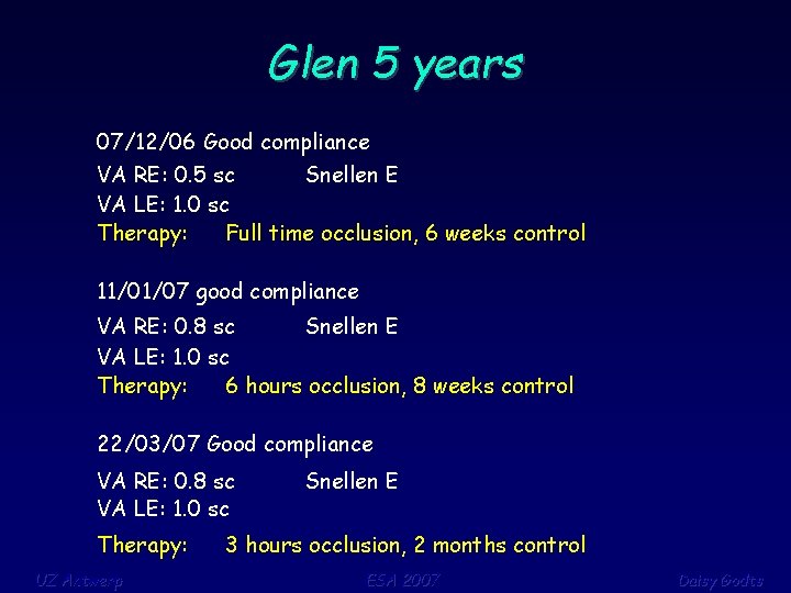Glen 5 years 07/12/06 Good compliance VA RE: 0. 5 sc Snellen E VA