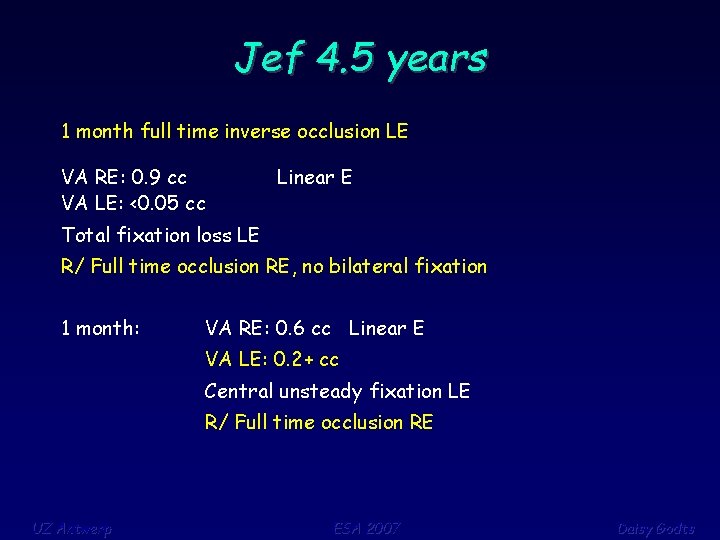 Jef 4. 5 years 1 month full time inverse occlusion LE VA RE: 0.