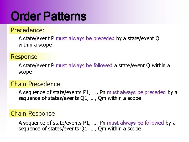 Order Patterns Precedence: A state/event P must always be preceded by a state/event Q