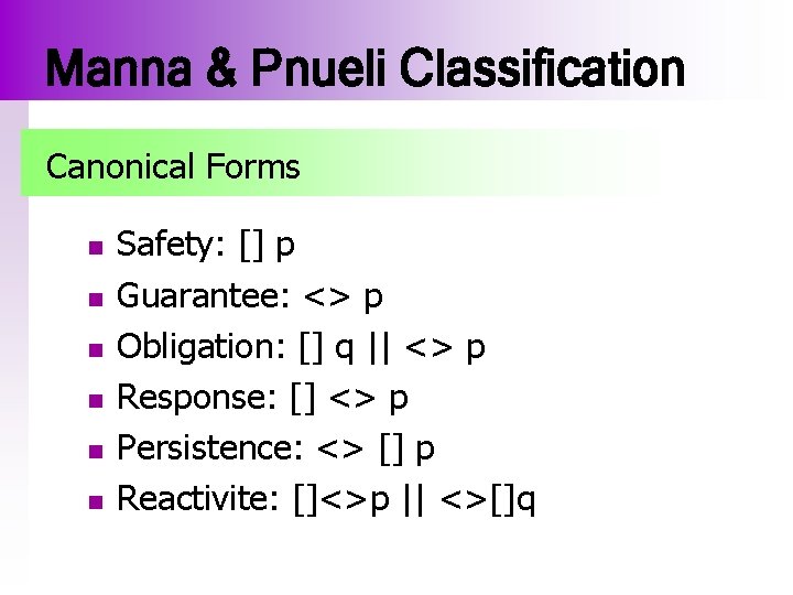 Manna & Pnueli Classification Canonical Forms n n n Safety: [] p Guarantee: <>