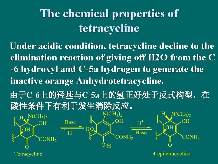The chemical properties of tetracycline Under acidic condition, tetracycline decline to the elimination reaction