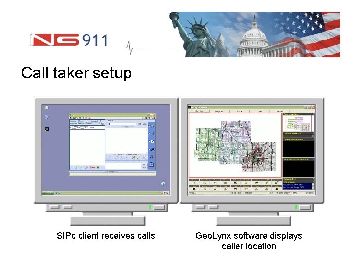 Call taker setup SIPc client receives calls Geo. Lynx software displays caller location 