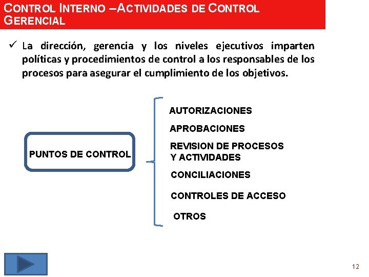 CONTROL INTERNO – ACTIVIDADES DE CONTROL GERENCIAL ü La dirección, gerencia y los niveles